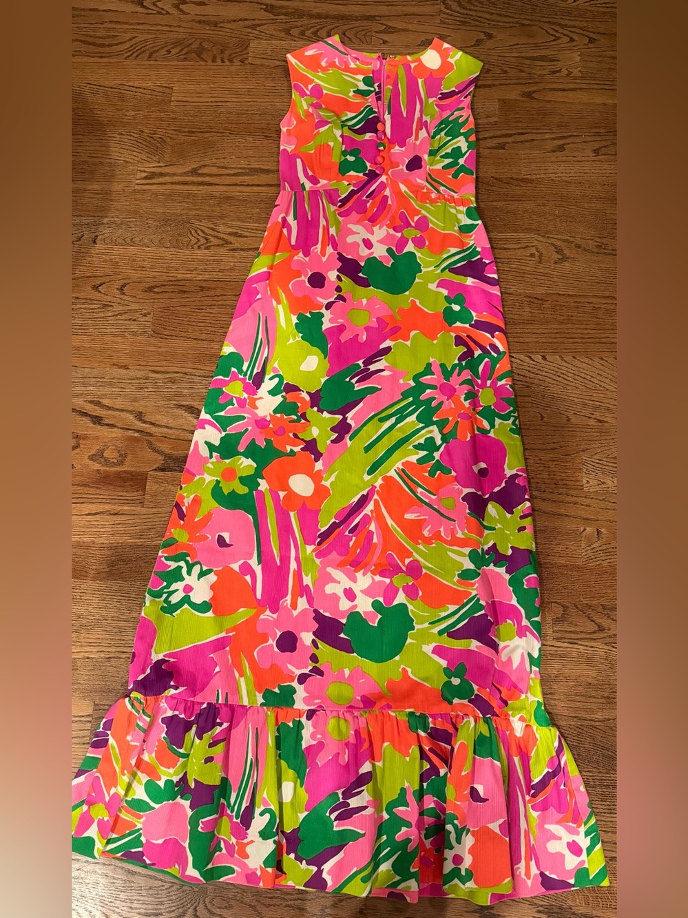 Gregg Draddy vintage Vibrant Floral Maxi dress in Pink & Green Sz 8